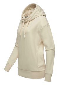 Cream-colored hoodie made of soft fabric, featuring a large cowl neck, drawstrings, and fitted cuffs. Subtle logo on the chest.