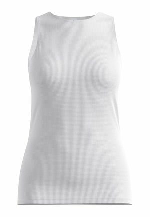 Mouwloze witte geribde tanktop met ronde halslijn en aansluitende pasvorm.