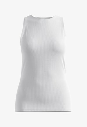 Débardeur blanc côtelé sans manches avec un col rond et une silhouette ajustée.