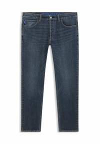 Ciemnoniebieskie, dopasowane jeansy o kroju slim fit z guzikiem z przodu, pięcioma kieszeniami i subtelnym efektem sprania.