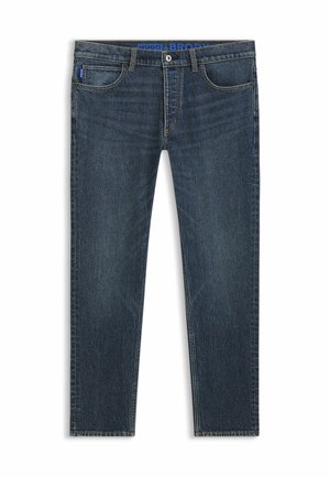 Donkerblauwe slim-fit spijkerbroek met knopen aan de voorkant, vijfzakkenontwerp en subtiele vervaagde details.