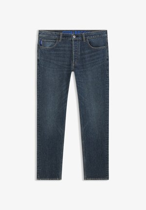 Jeans denim blu scuro a taglio aderente con bottoni frontali, design a cinque tasche e dettagli sfumati sottili.