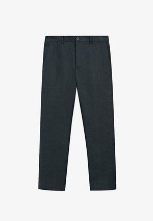 Dunkelgraue gerade geschnittene Hose mit seitlichen Taschen, Gürtelschlaufen und einem Knopfverschluss an der Taille.