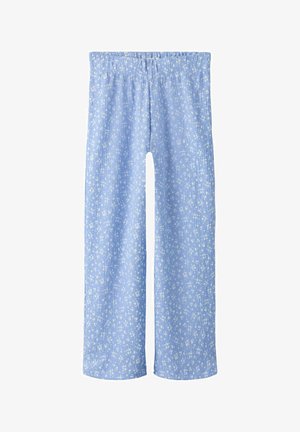 Pantaloni a gamba larga color blu chiaro con tessuto testurizzato e motivo floreale bianco, dotati di una vita elastica per il comfort.