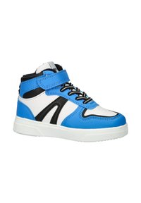 Hoge sport sneakers in het blauw, wit en zwart. Voorzien van een klittenbandsluiting, veters en contrasterende panelaccenten. Rubberen zool.