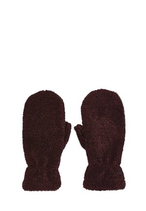 Pair of dark brown fuzzy mittens with elastic wristbands on a white background.