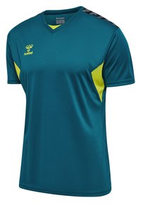 Tealid sportskjorta med gula accenter och svarta randdetaljer på axlarna. Gjord av mjukt, andningsbart tyg och har en V-ringning.