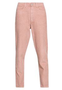 Růžové kordové kalhoty s vertikálním ribbed texturou, pět kapes a standardní knoflíkovým zapínáním v pase.