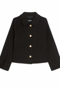 Zwarte cropped jacket met een kraag, vijf gouden knopen en twee voorzakken. Gemaakt van zachte stof met een gladde textuur.
