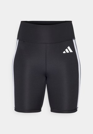 Black athletic shorts with a high waistband, white side stripes, and a small white logo. Smooth fabric with a fitted design.