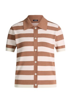 Chemise à manches courtes boutonnée avec larges rayures horizontales beiges et blanches, col pointu, poignets et ourlet côtelés.