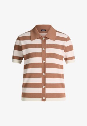 Chemise à manches courtes boutonnée avec larges rayures horizontales beiges et blanches, col pointu, poignets et ourlet côtelés.