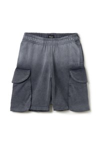 Pantaloni cargo grigi realizzati in morbido tessuto, con vita elasticizzata, due grandi tasche laterali e dettagli testuali sul davanti.