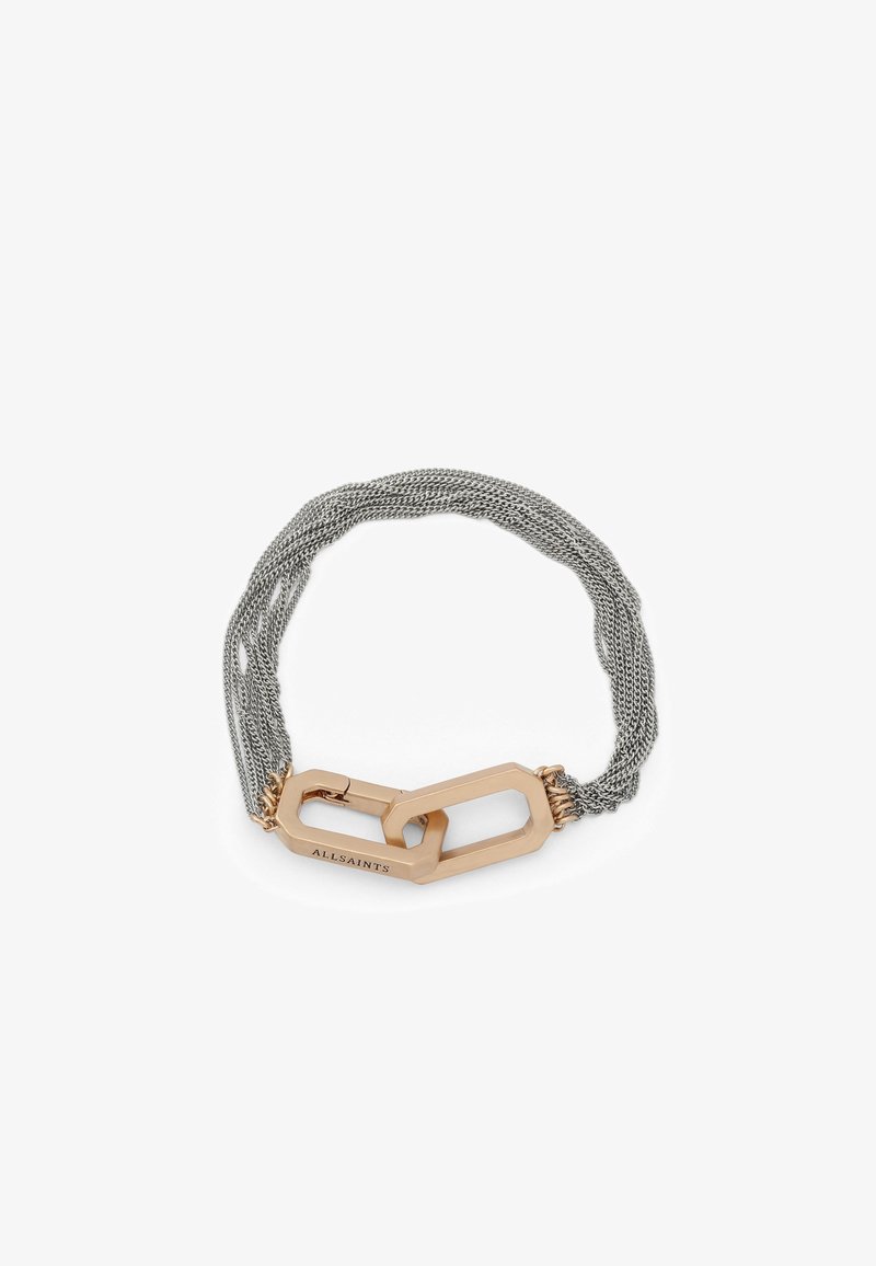 Bracciale in metallo caratterizzato da più filamenti di rete argento e un prominente dettaglio in link tono oro con branding inciso.