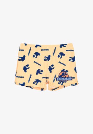 Gele zwembroek met een herhalend blauw dinosaurussenprint en 'Jurassic World' logo, met een elastische tailleband voor extra comfort.