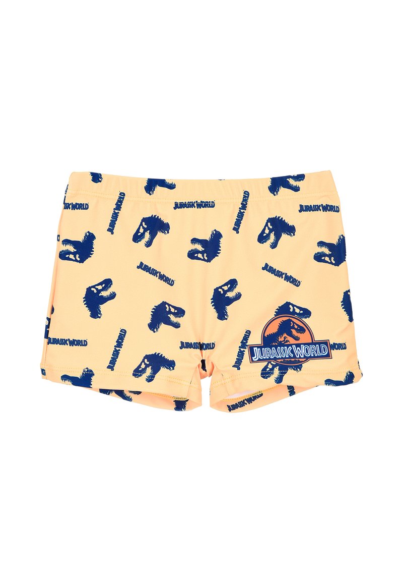 Pantaloni da bagno gialli con un motivo a ripetizione di dinosauri blu e logo "Jurassic World", dotati di un elastico in vita per il massimo comfort.