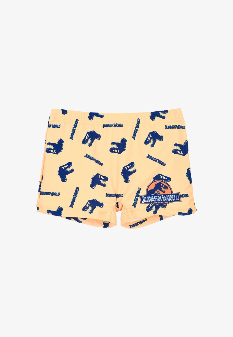 Pantaloni da bagno gialli con un motivo a ripetizione di dinosauri blu e logo "Jurassic World", dotati di un elastico in vita per il massimo comfort.