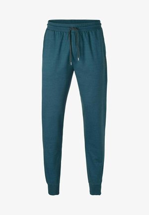 Teal jogger pants made of soft fabric, featuring an elastic waistband with a drawstring, and fitted cuffs at the ankles.