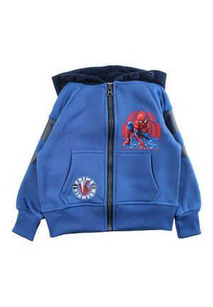 Sweat à capuche pour enfants bleu avec fermeture éclair, capuche noire, illustré d'un motif Spider-Man et d'un patch "Crime Fighter" sur les poches avant.
