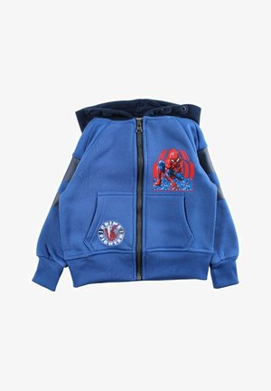 Sweat à capuche pour enfants bleu avec fermeture éclair, capuche noire, illustré d'un motif Spider-Man et d'un patch "Crime Fighter" sur les poches avant.