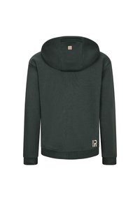 Dunkelgrüner Hoodie mit einer großen Kapuze, gerippten Ärmeln und einem abgerundeten Saum. Hat ein kleines Logo unten rechts. Weiches, strukturiertes Material.