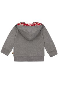 Grauer Kapuzenpullover mit roter Innenauskleidung und kleinen Vogelmustern. Weicher Stoff, gerippte Bündchen und Saum sowie dezentes Logetikett.