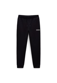 Black sweatpants made of soft fabric, featuring an elastic waistband with drawstring, cuffed hems, and a small logo detail in white.