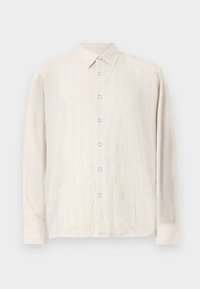 Light beige button-up shirt with vertical stripes, featuring a pointed collar and long sleeves. Smooth texture with subtle sheen.