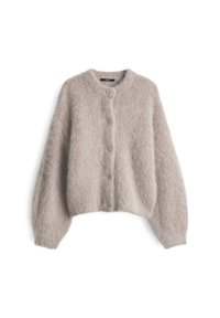 Soft, light gray fuzzy cardigan with long sleeves, round neckline, and five buttons down the front.