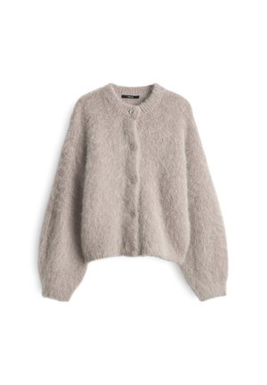 Cardigan morbido e leggero di un grigio tenue, con maniche lunghe, scollatura rotonda e cinque bottoni sul davanti.