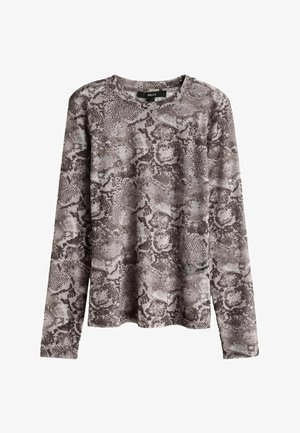 Pitkähihainen paita käärmeennahkakuosisena, harmaan ja taupen sävyissä. Valmistettu pehmeästä kankaasta, jossa on pyöreä pääntie ja rento malli.