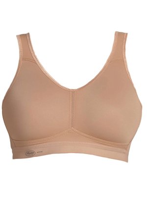 Beige Sport-BH aus dehnbarem Stoff, mit breiten Trägern und nahtlosem Design. Enthält ein kleines Logo am Bund und bietet bequemen Halt.