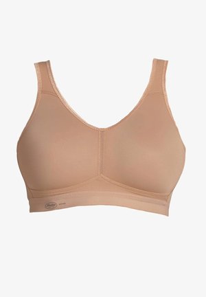 Beige sportbeha met stretchy stof, brede banden en een naadloos ontwerp. Bevat een klein logo op de band, dat comfortabele ondersteuning biedt.