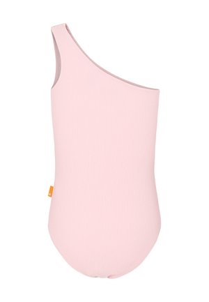 Einseitiger, gerippter Badeanzug in zartem Pink. Minimalistisches Design mit einem Seitenlabel. Glatte Textur, figurbetonter Schnitt.