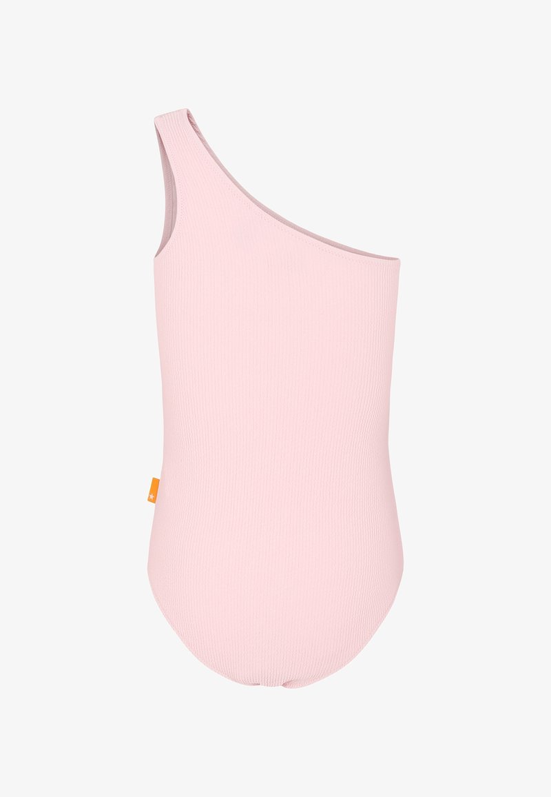 Eén-schouder, geribbelde badpak in zachtroze. Kenmerkt zich door een minimalistisch design met een zijlabeldetail. Gladde textuur, strakke pasvorm.