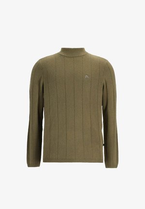 Olivza zaļš ribots adījuma džemperis ar augstu apkakli un garām piedurknēm, ar mazu logotipa uzlīmi kreisajā krūtī.