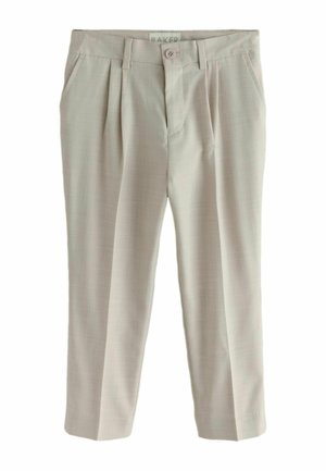 Light beige pleated trousers made of smooth fabric. Features a button closure and side pockets, with a tailored, straight-leg fit.