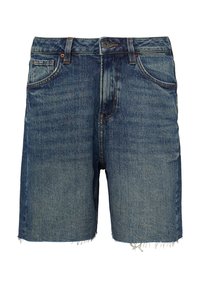 Jeansowe szorty w ciemnoniebieskim kolorze, z postrzępionym dołem, pięcioma kieszeniami i zapięciem na guzik. Materiał wykazuje subtelne blaknięcie, co dodaje mu tekstury.