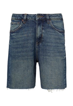 Denim shorts in dark blue, featuring a frayed hem, five pockets, and button closure. The material shows subtle fading for texture.