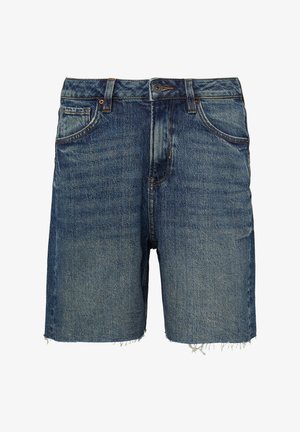 Denim shorts in dark blue, featuring a frayed hem, five pockets, and button closure. The material shows subtle fading for texture.