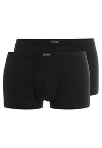 Boxers en coton noirs, offrant un ajustement serré avec une taille douce et sans coutures visibles. Deux paires empilées.