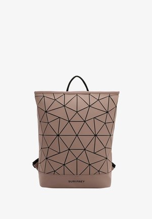 Rosa Kunstleder-Rucksack mit einem geometrischen schwarzen Linienmuster, ergonomischer Form und einem oberen Griff für einfaches Tragen.