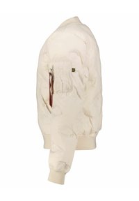 Cremfarbener Daunenjacke mit gerippten Bündchen, Reißverschlusstasche am Arm und strukturiertem Stoff. Verfügt über eine lässige Passform und eine glatte Oberfläche.