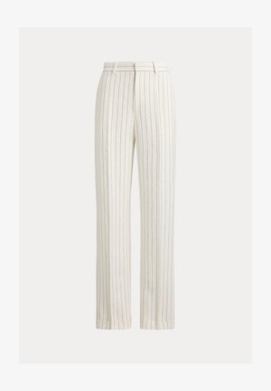 Pantalon droit crème à fines rayures verticales, fabriqué en tissu lisse. Comprend une taille ceinturée et des revers roulés.