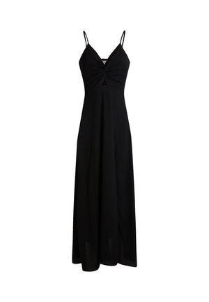 Abito lungo nero senza maniche con spalline sottili, dettaglio a nodo intrecciato sul busto e un piccolo ritaglio sotto il petto.