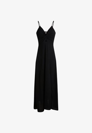 Robe maxi noire sans manches avec fines bretelles, détail noué torsadé au niveau de la poitrine et petite découpe sous la poitrine.