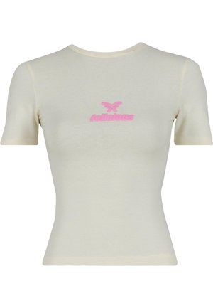 Kurzärmliges cremefarbenes Oberteil aus weichem Stoff mit einem pinken "felicious"-Logo und einem Schmetterlingsdesign auf der Brust. Enganliegende Silhouette.