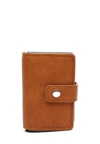 Brown leather wallet with a textured finish, featuring a snap closure and a round metallic accent, rectangular shape.
