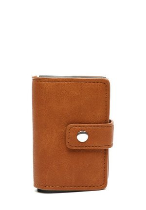 Brown leather wallet with a textured finish, featuring a snap closure and a round metallic accent, rectangular shape.