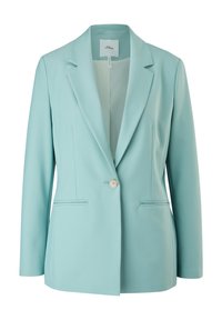 Blazer cintré bleu clair avec un bouton unique, des revers crantés et deux poches avant. Confectionné en tissu lisse.